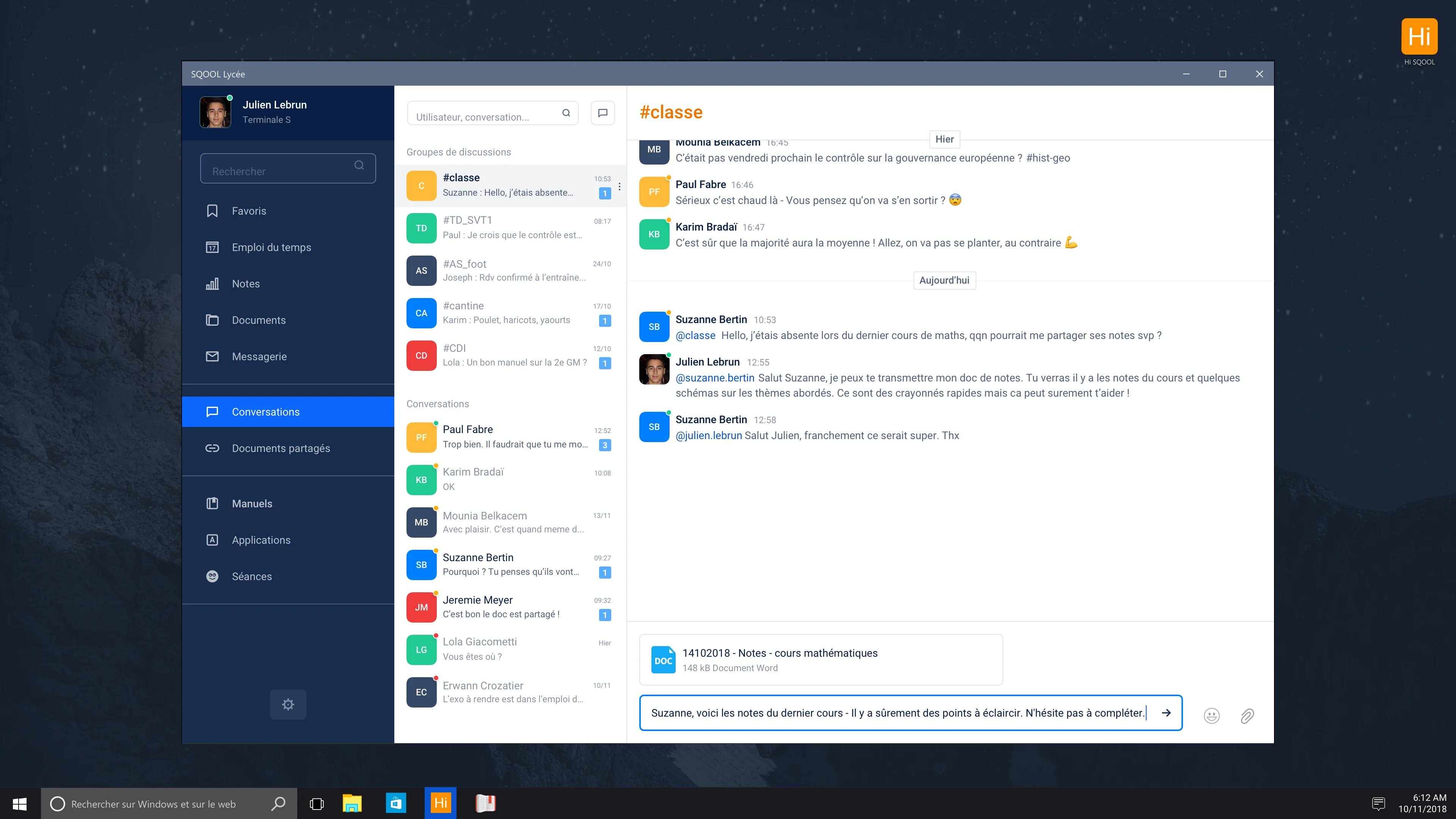 Interface chat Hi-SQOOL
